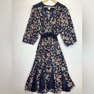 Diane Freis VTG Dress Med Midi Georgette Pleated Blue Jewel Cinched Waist 80’s